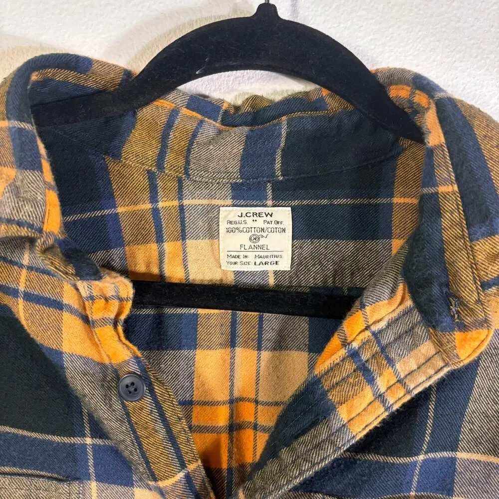J.Crew Plaid Flannel Shirt Large Blue Orange Cotton Button Up